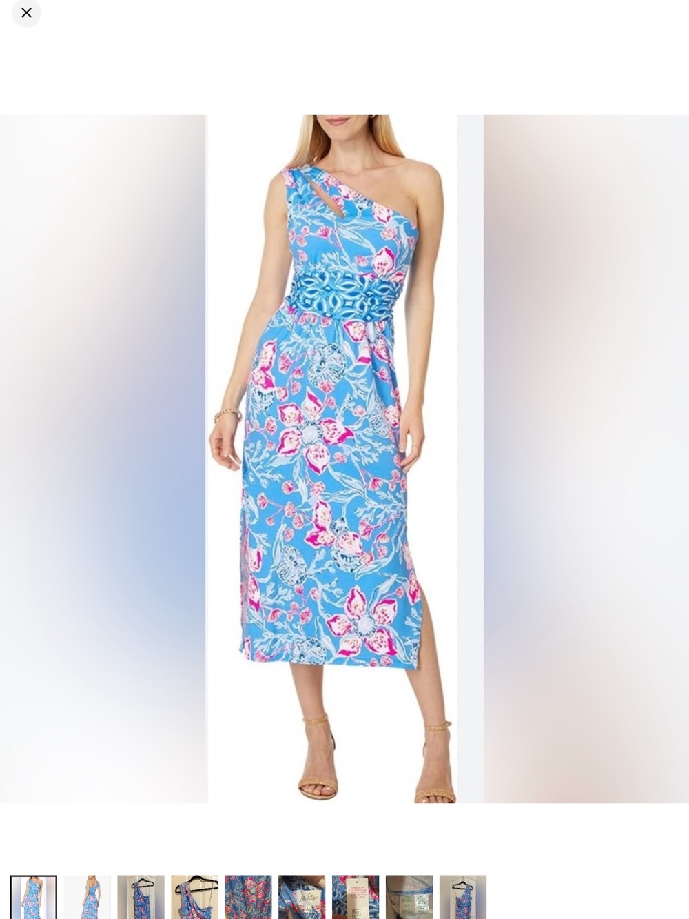 Lilly Pulitzer One-Shoulder Floral Midi Dress in Blue and Pink